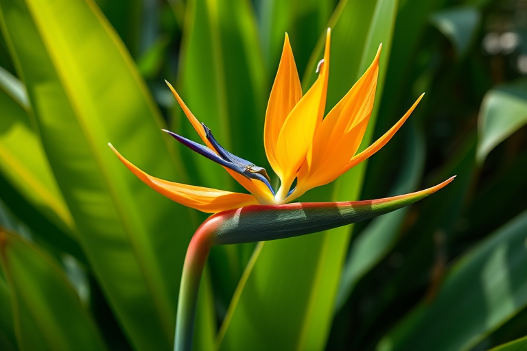 A close-up shot of a vibrant bird of paradise flower against lush green foliage, shot with a DSLR camera at f/2.8 aperture, ISO 100, 50mm lens, natural light, in macro style, with a shallow depth of field to enhance the flower's details and colors.