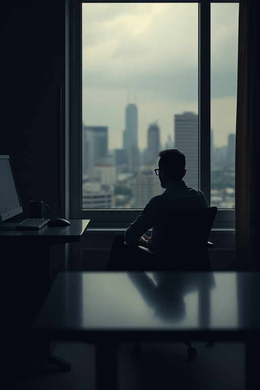 Create a high-resolution digital artwork of a contemplative man sitting at a desk in a dimly lit room, with a city skyline visible through the window, using a DSLR camera with a 50mm lens, aperture f/1.8, ISO 200, natural light, and soft focus to enhance depth and mood.