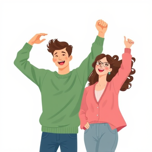 illustration of a joyful couple dancing, man with arms raised wearing a green sweater, woman in a pink cardigan, bright colors, minimalist style, soft lighting, camera settings: aperture f/5.6, shutter speed 1/200, ISO 100, camera view: eye level, camera style: flat lay, camera type: digital illustration