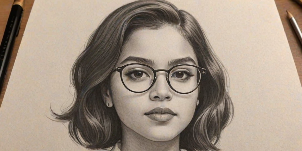Gorgeous Isabela Moner, pencil sketch, portrait of Pleasing woman 1931s in glasses, hair style beatnik, outline, clear lines, fine lines, 8k
