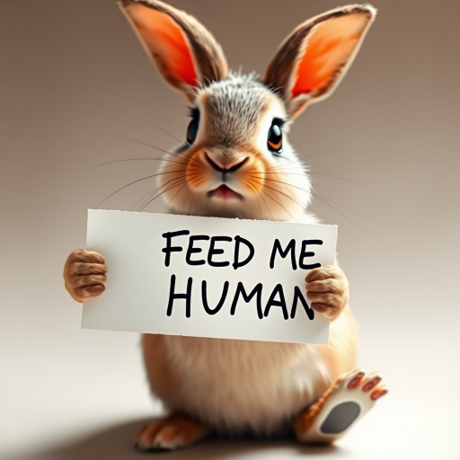 rabbit holding a note which says "FEED ME HUMAN"