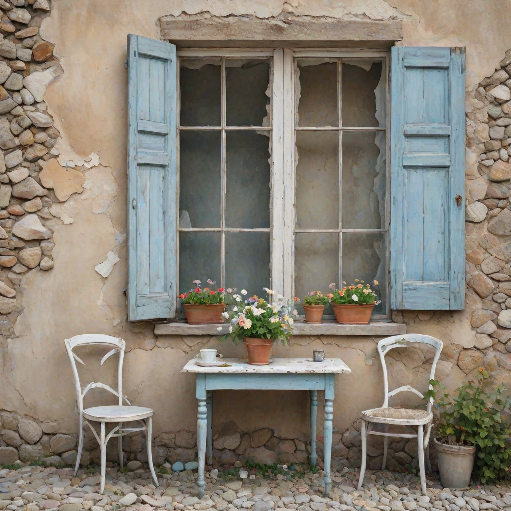 Create an amazing realistic watercolor image, The background is a crumbling wall beige and pale blue with the old wooden window. front of the wall has an old white table with two chairs. The soil is stones. Both of side of the image amazing flowers visible.