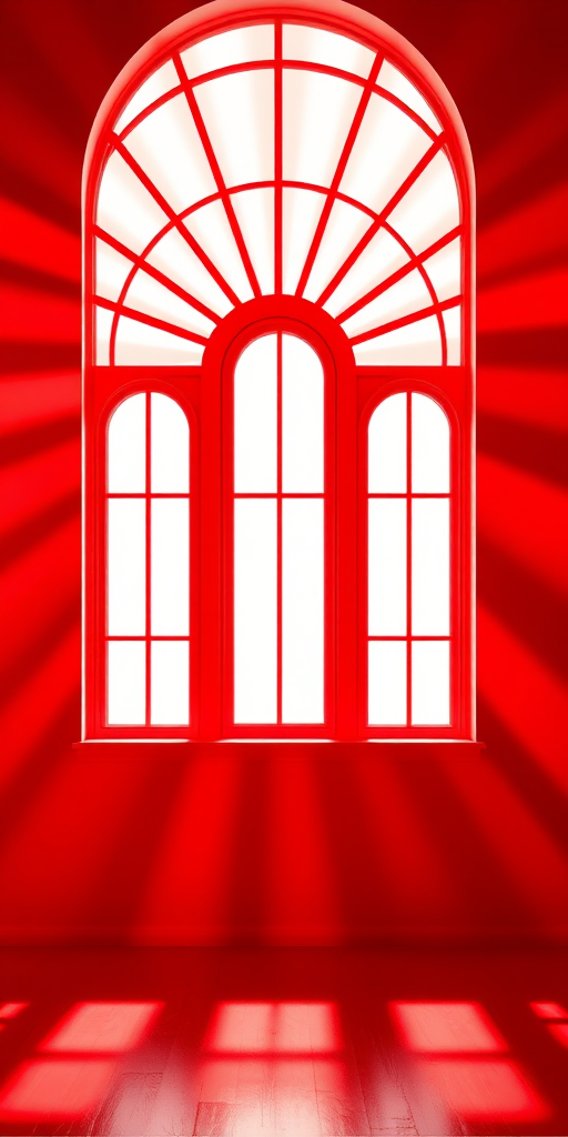 Create an abstract representation of a red arched window with radiating red beams, using a DSLR camera with a 50mm lens, aperture f/2.8, ISO 100, and shot from a centered frontal view in high contrast style.