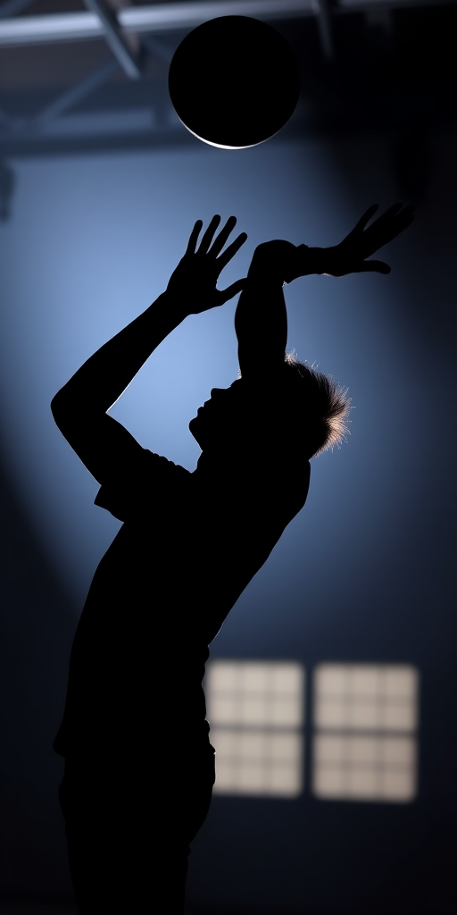Create a high-resolution silhouette of a person in an athletic pose, arms raised to catch a ball, using a DSLR camera with a f/2.8 aperture, ISO 100, shutter speed 1/500s, shot from a low-angle perspective, in a studio lighting setup.
