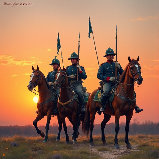 Create a detailed illustration of four mounted soldiers in uniform, capturing the essence of a historic cavalry scene with dynamic poses, featuring a warm sunset background, shot with a DSLR camera at f/2.8, 1/500s shutter speed, ISO 100, using a telephoto lens for depth of field and clarity.