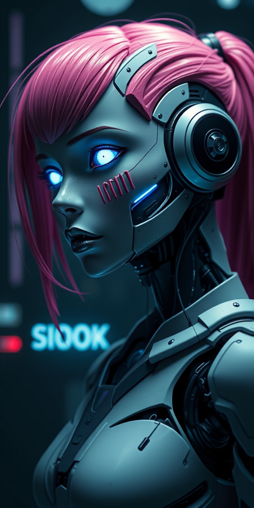 portrait of a robot android girl with pink hair in a dark dramatic cyberpunk futuristic environement
