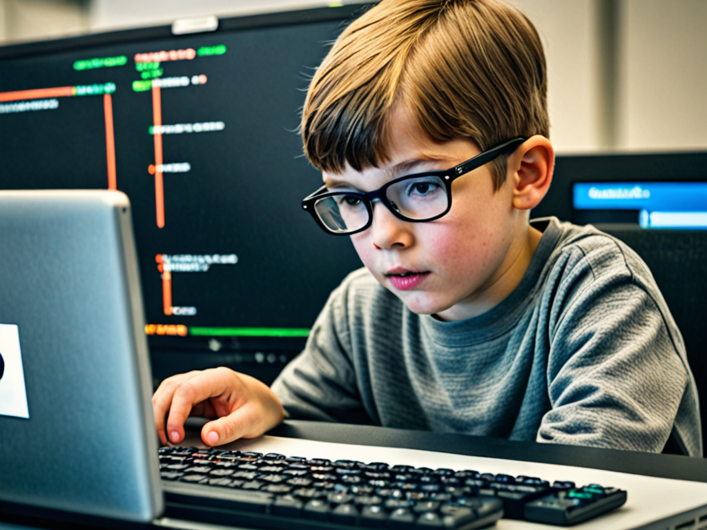 a picture of kid looking at computer screen coding