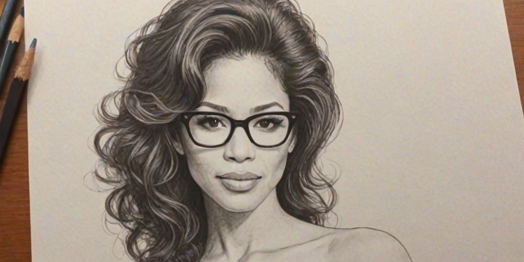 Ravishing Sherri Saum, pencil sketch, portrait of Enchanting woman 1962s in glasses, hair style beatnik, outline, clear lines, fine lines, 8k