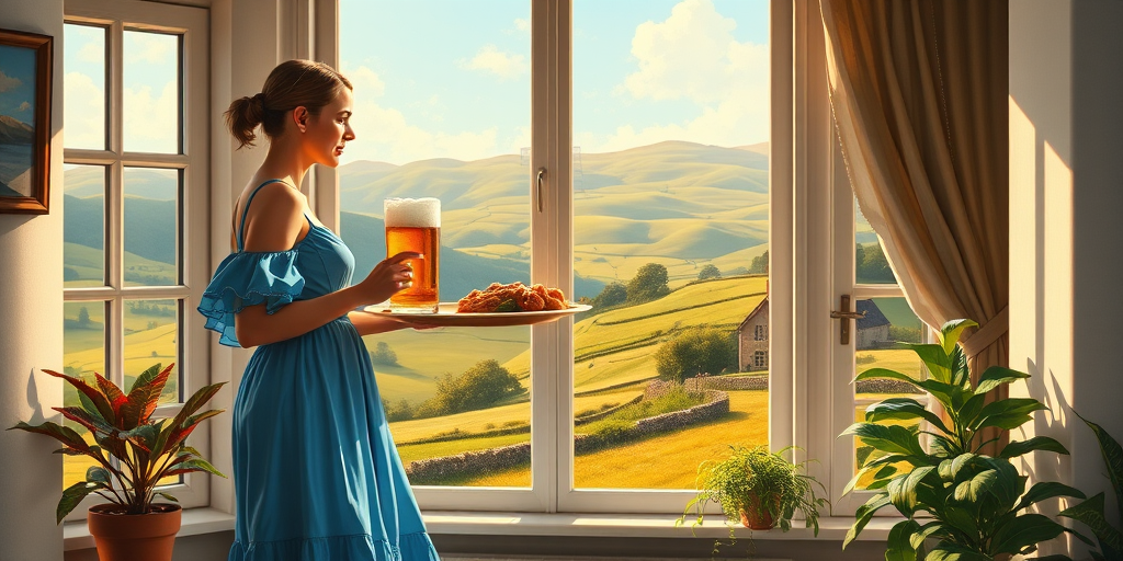In "A Glass of Beer on the Highland," a serene scene is depicted in a sunlit room where a woman in a vibrant blue dress stands by a large window. She holds a tray with a hearty meal and a frothy glass of beer, embodying a moment of relaxation. Outside, the breathtaking highland landscape features rolling green hills and a charming traditional house, all bathed in warm afternoon light. The interior is adorned with potted plants, creating a harmonious blend of comfort and nature. The painting beautifully captures the tranquility and joy found in simple pleasures amidst stunning scenery