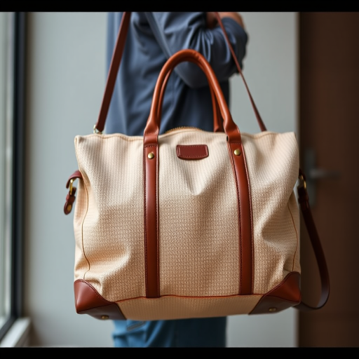 Create a high-resolution image of a stylish duffel bag made of textured beige fabric with brown leather accents, photographed in natural lighting from a 45-degree angle using a DSLR camera on a f/4 aperture and ISO 100 for enhanced detail and clarity.