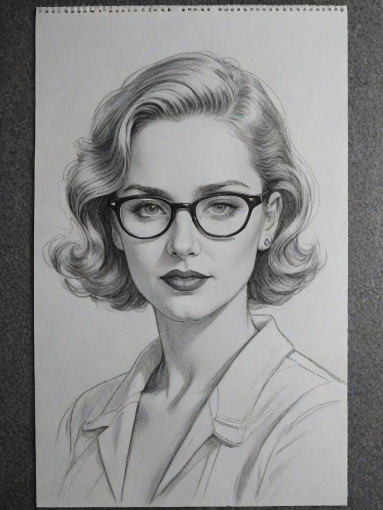 Fetching Kaitlyn Maher, pencil sketch, portrait of Ravishing woman 1933s in glasses, hair style beatnik, outline, clear lines, fine lines, 8k