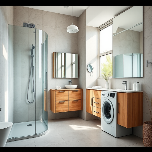 Generate a high-resolution image of a modern bathroom featuring a glass shower, wooden vanity, washing machine, and large mirrors, photography settings: 24mm lens, f/8 aperture, ISO 200, natural lighting, taken with a DSLR camera at eye level.