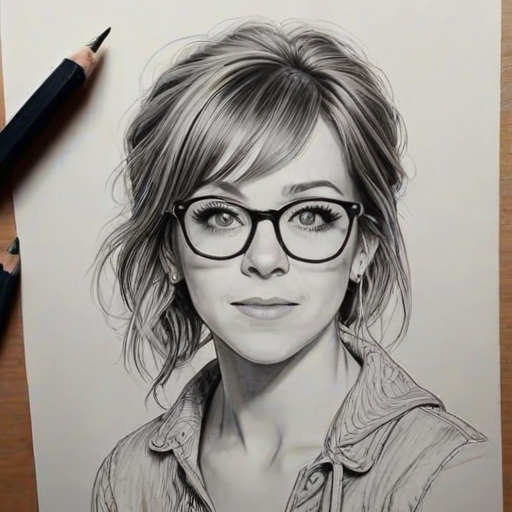 Attractive Lindsey Stirling, pencil sketch, portrait of Gorgeous woman 1931s in glasses, hair style beatnik, outline, clear lines, fine lines, 8k