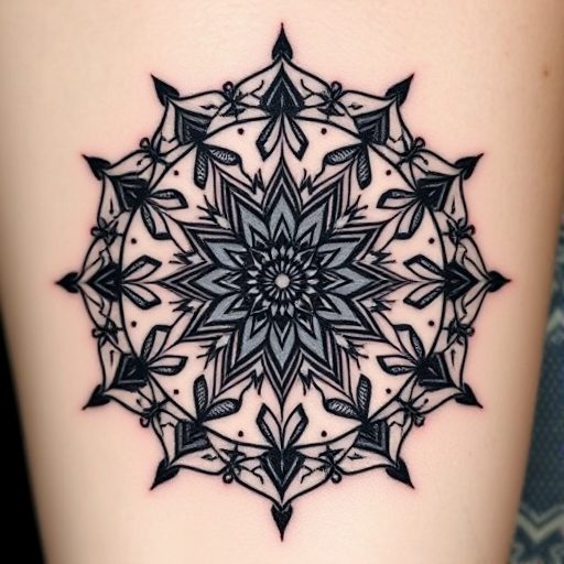 Intricate blackwork tattoo depicting a geometric mandala with intricate dotwork shading and symmetrical patterns, incorporating sacred geometry elements, called "Cosmic Symmetry"
