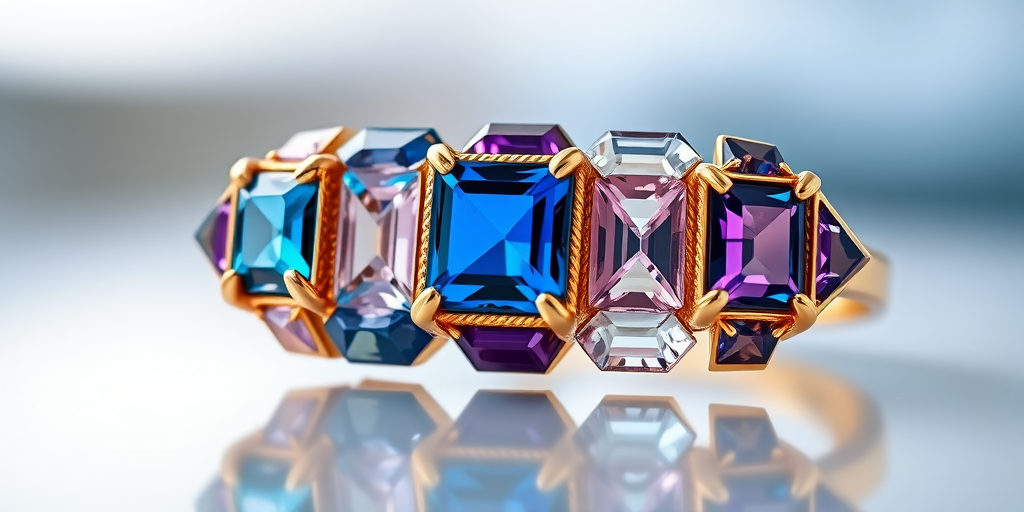 high-resolution image of a geometric jewel with square and rectangular faceted gemstones in various colors including blue, purple, and clear, set in a gold setting, placed on a reflective surface with soft lighting, using a DSLR camera, f/2.8 aperture, 50mm lens, ISO 100, with a slight shallow depth of field to emphasize the gems and background blur