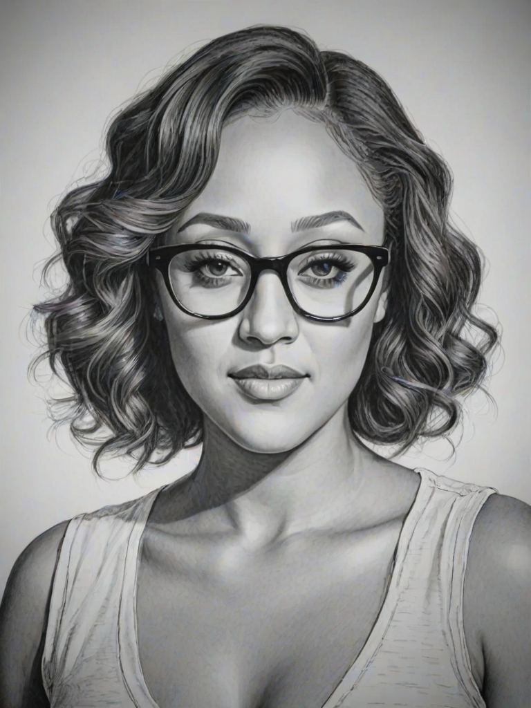 Graceful Tamera Mowry-Housley, pencil sketch, portrait of Stunning woman 1976s in glasses, hair style beatnik, outline, clear lines, fine lines, 8k