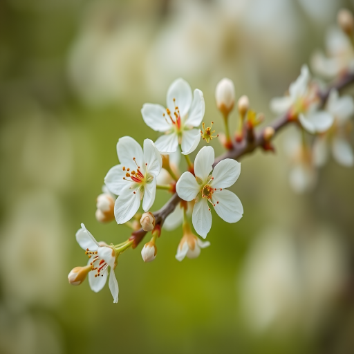 Close-up shot of blooming white flowers on a branch with soft green background using a DSLR camera, 50mm lens, aperture f/2.8, ISO 100, natural light, shallow depth of field.