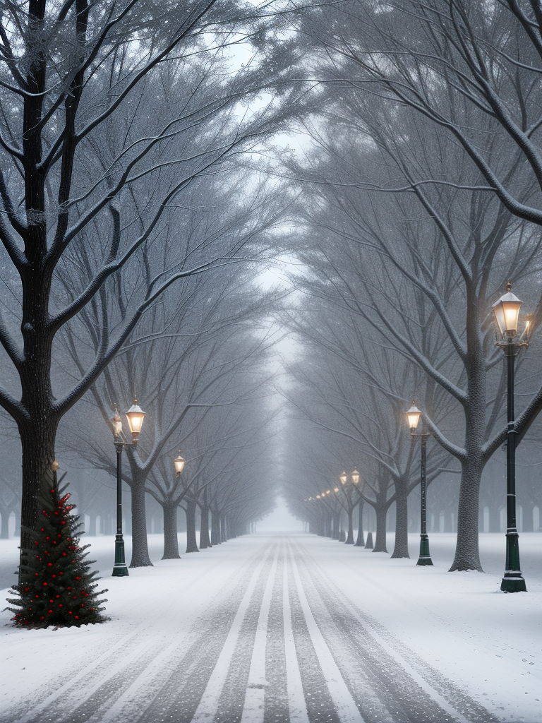Winter Wonderland: A Snow-Covered Pathway Lined with Trees and Lights