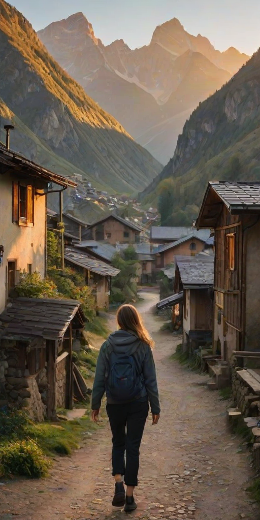 Mountain village at sunrise, the peaks glowing in the early morning light, a woman walks slowly through the quiet streets, her hands in her pockets, enjoying the peaceful start to the day.