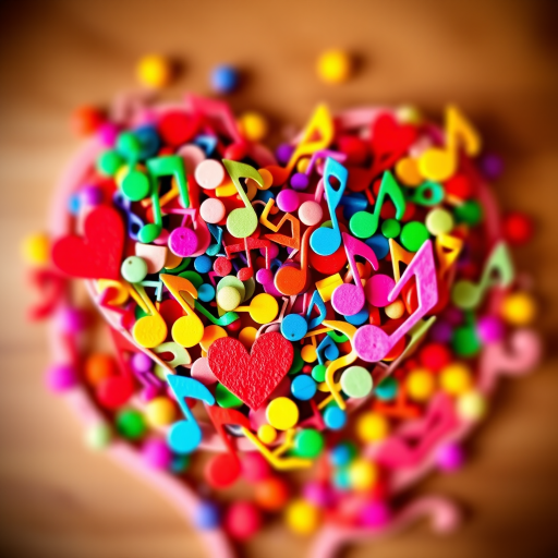 Create a vibrant, colorful heart shape filled with musical notes in a whimsical design, shot with a DSLR camera at f/2.8 aperture, ISO 100, 35mm lens, with a shallow depth of field to enhance color saturation and detail, top-down view.