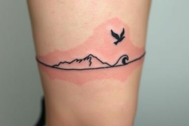 Minimalist single-line tattoo called "Infinite Journey" consisting of a continuous, unbroken line that forms the silhouette of a mountain range, bird in flight, and crashing wave, creating a fluid and elegant design that tells a story through simplicity