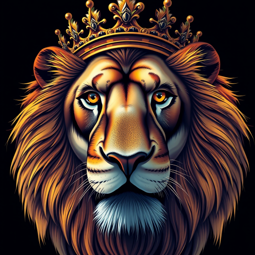 Create a hyper-realistic illustration of a lion's head with a majestic crown, shot from a low-angle perspective, using a DSLR camera with a 50mm lens at f/1.8, ISO 100, and a 1/200s shutter speed, in vibrant colors and intricate details to enhance texture and depth.