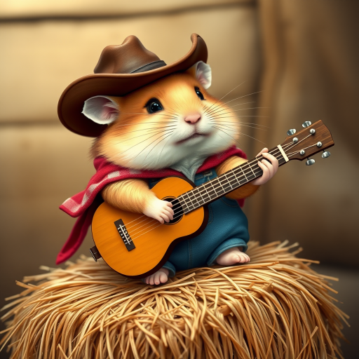 A chibi hamster, dressed as a cowboy, playing guitar, sitting on a hay bale
