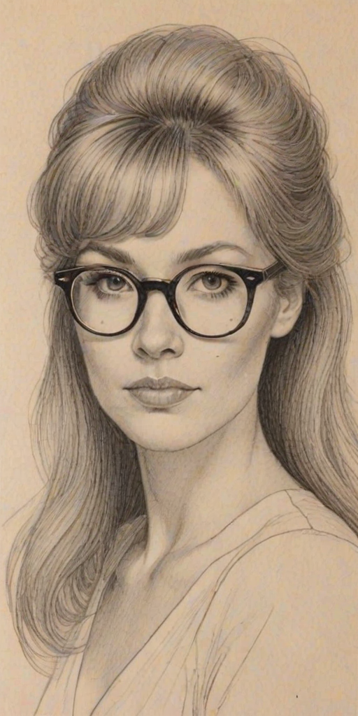 Charming Ursula Parker, pencil sketch, portrait of Superb woman 1974s in glasses, hair style beatnik, outline, clear lines, fine lines, 8k