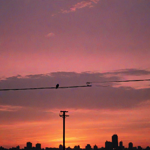 Sharp, high-contrast photo of a lone bird perched on a telephone wire against a vivid sunset sky, soft pinks and oranges blending in the background, distant city skyline barely visible, and a sense of quiet observation.