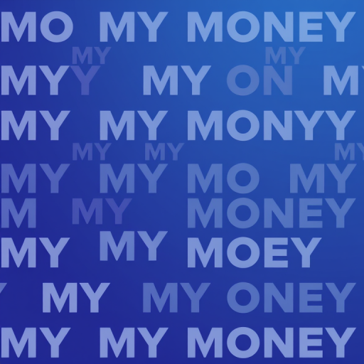 Create a seamless abstract pattern featuring the words "MY MONEY" in varying font sizes and intensities, with a gradient background transitioning from dark blue to light blue, shot with a Canon EOS R5, 50mm lens, f/2.8 aperture, 1/125 sec shutter speed, ISO 100.