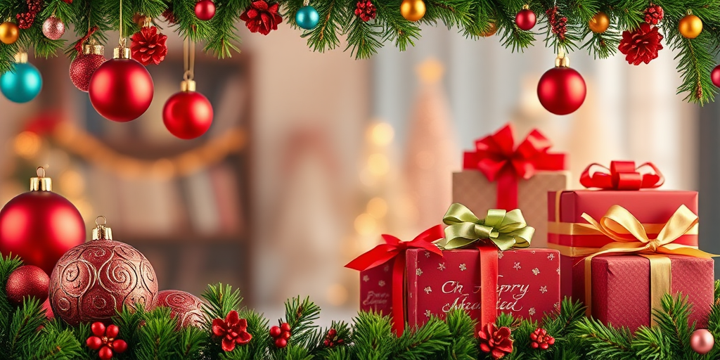 Create a vibrant Christmas-themed image with a decorated border of pine branches, colorful ornaments, and festive gifts, using a Canon EOS 5D Mark IV, aperture f/4, shutter speed 1/125 sec, ISO 200, shot from a frontal view with a soft focus background.