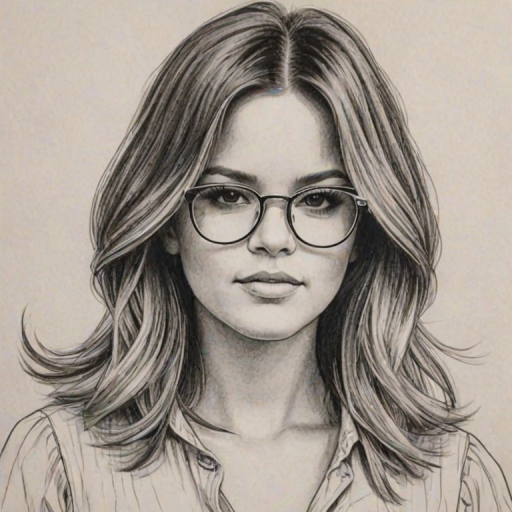 Bewitching Maren Morris, pencil sketch, portrait of Charming woman 1961s in glasses, hair style beatnik, outline, clear lines, fine lines, 8k