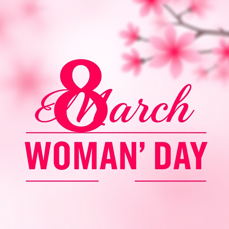 Create a vibrant and colorful graphic design for International Women's Day featuring the text "8 March" and "WOMAN'S DAY" in elegant fonts, with a pink and red color palette, using a Canon EOS R5 camera, f/2.8 aperture, 50mm lens, and a shallow depth of field for a soft background blur.