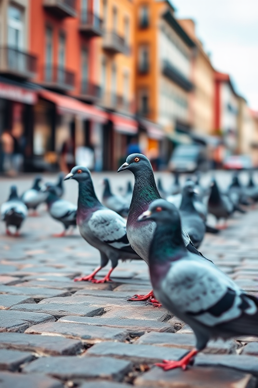 pigeons standing on a cobblestone street in an urban setting with buildings in the background, shot with a DSLR camera at f/2.8 aperture, ISO 200, 1/250 sec shutter speed, using a 50mm lens, capturing a shallow depth of field for a blurred background effect, daylight conditions, vibrant colors