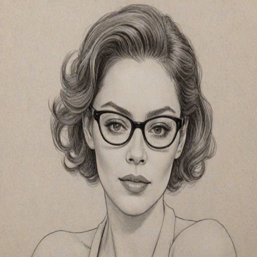 Comely Rose McGowan, pencil sketch, portrait of Dazzling woman 1947s in glasses, hair style beatnik, outline, clear lines, fine lines, 8k