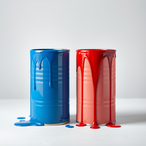 Generate an image of two paint cans, one blue and one red, with paint dripping from the edges, using a Canon EOS R5 with a 50mm f/1.2 lens, aperture set to f/2.8, ISO 100, in a well-lit studio environment.