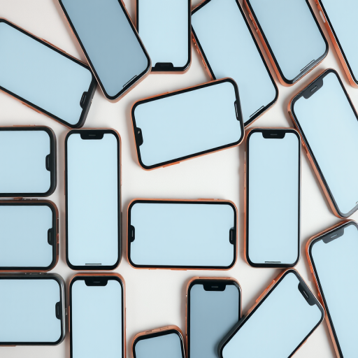 high-quality image of multiple smartphones with blank screens arranged in a dynamic pattern, shot with a DSLR camera using a 50mm lens, aperture f/1.8, shutter speed 1/200s, ISO 100, overhead view, soft lighting to minimize shadows