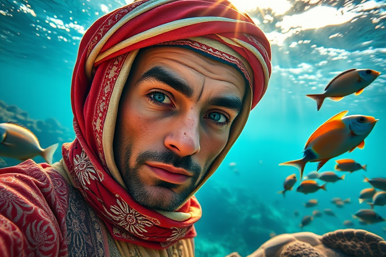 Realistic selfie image of a Sahrawi, wearing a vintage outfit, detailed dreamy eyes, droopy hooded eyes, staring at the camera, taken underwater at coral reef with a sunbeam filtering through the water, vibrant, summer vacation, natural lighting, turtle and school of tropical fish with vibrant colors, rendered in the style of CryEngine, Pegi Nicol MacLeod, with realistic genre scenes, hauntingly beautiful narratives, ultra-realism, and Thomas Saliot's close-up technique, 8K resolution, crystal clear and sparkling water.
