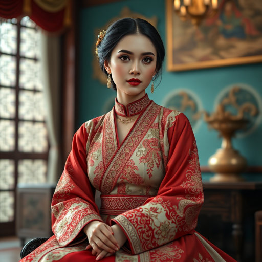 A beautiful Turkish woman in traditional East Asian attire, intricately detailed with embroidered patterns, sitting gracefully in a richly decorated room, soft ambient lighting, serene and elegant, ultra-realistic, 8K resolution