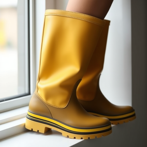 Generate an image of a pair of stylish, yellowish-beige rubber boots with a relaxed fit, featuring a thick black sole and a yellow stripe along the base. The boots should be placed next to a window, showcasing a modern and clean aesthetic.