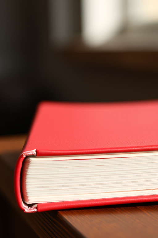 Create a high-resolution image of a closed red book with a slightly curved spine, viewed from a three-quarter angle, using a DSLR camera with a 50mm lens, aperture set to f/1.8, ISO 200, and natural lighting to enhance details and shadows.