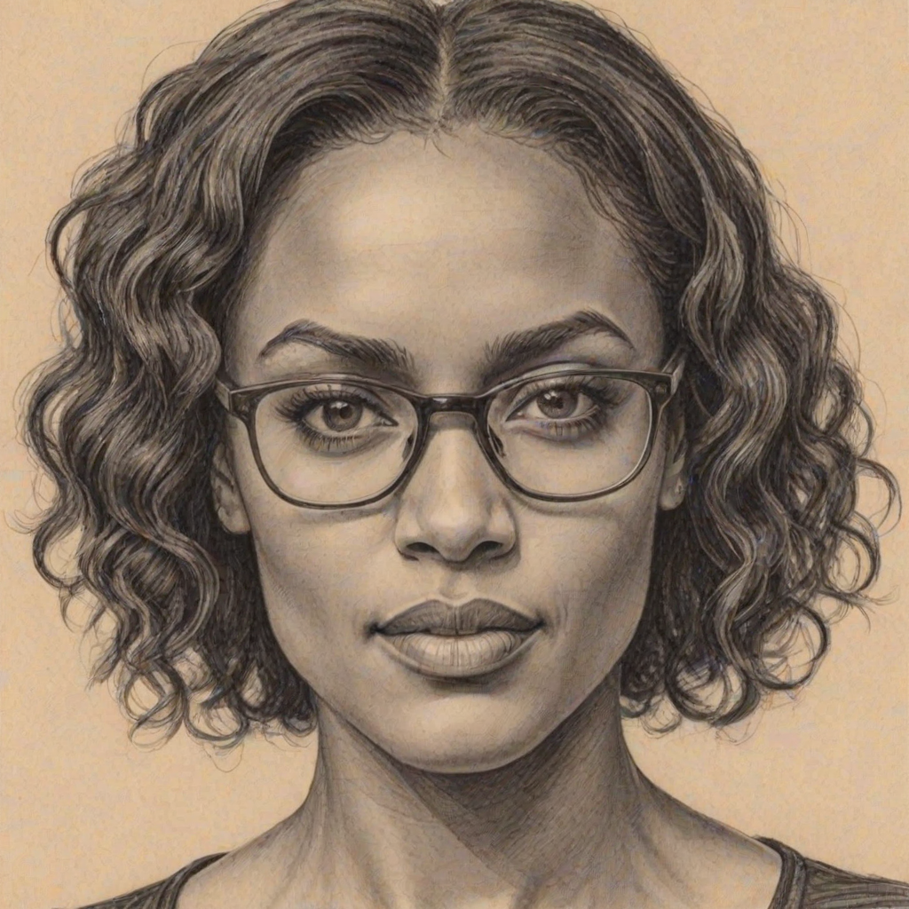 Beauteous Freema Agyeman, pencil sketch, portrait of Attractive woman 1924s in glasses, hair style beatnik, outline, clear lines, fine lines, 8k