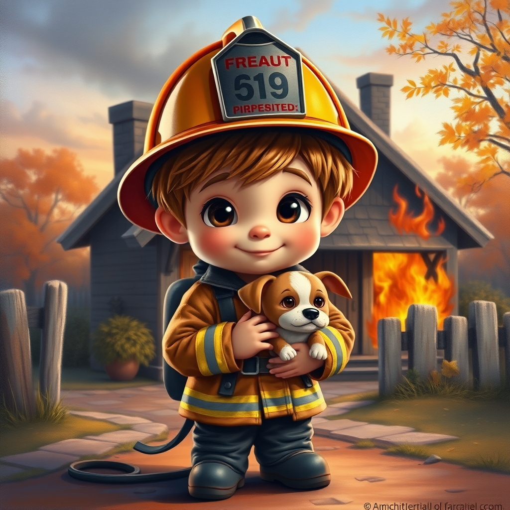 airbrushed oil painting, pixar style, cute little boy in fireman gear, helmet, tousled hair, expressive eyes, standing in the doorstep of a cottage burning behind him, holding a cute little dog in his arm, atumn sky