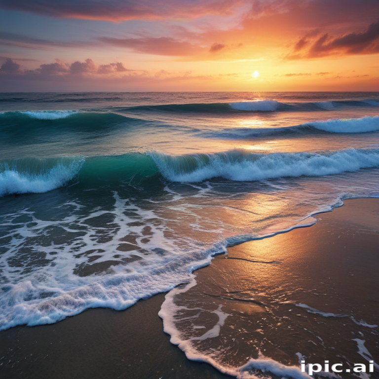 Serene Sunset Over Ocean Waves with Gentle Ripples on the Shore