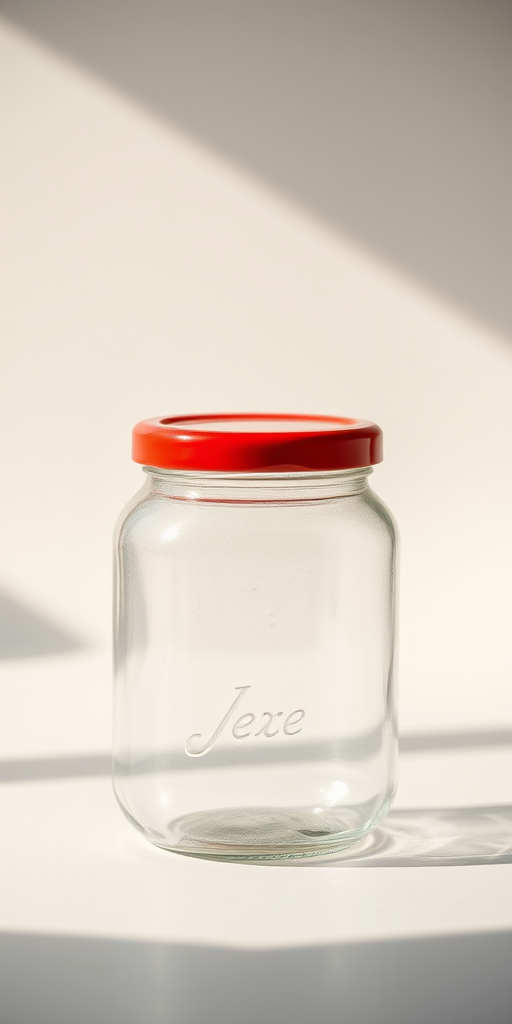 Create a high-quality image of a transparent jar with a red lid, using a Canon EOS R5 camera, 50mm lens, f/2.8 aperture, ISO 100, shot in soft natural lighting, from a slightly elevated angle to enhance depth and detail.