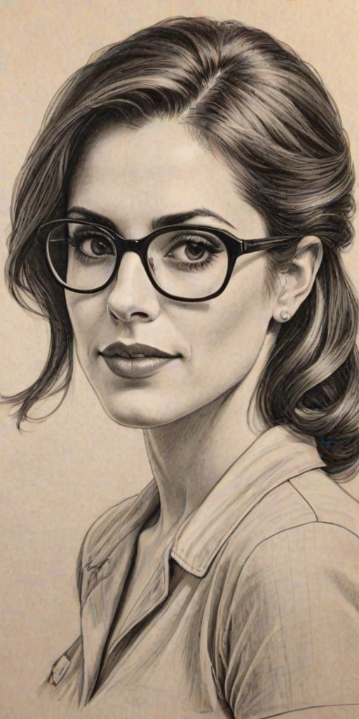 Graceful Carly Pope, pencil sketch, portrait of Superb woman 1940s in glasses, hair style beatnik, outline, clear lines, fine lines, 8k