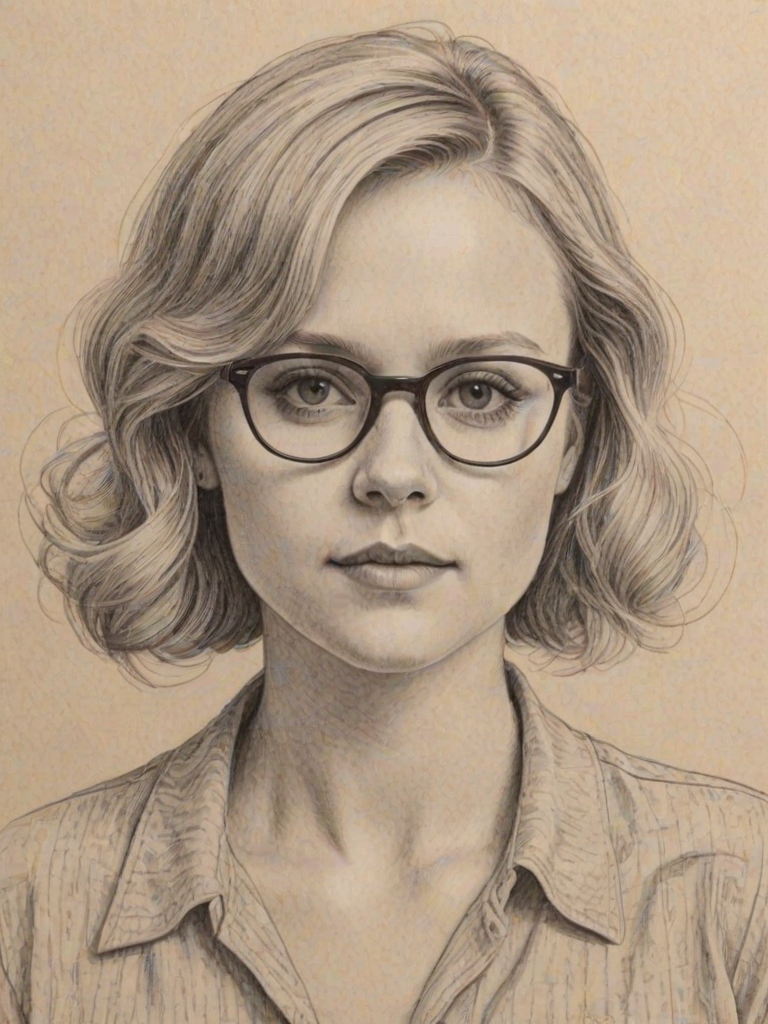 Resplendent Alison Pill, pencil sketch, portrait of Resplendent woman 1948s in glasses, hair style beatnik, outline, clear lines, fine lines, 8k