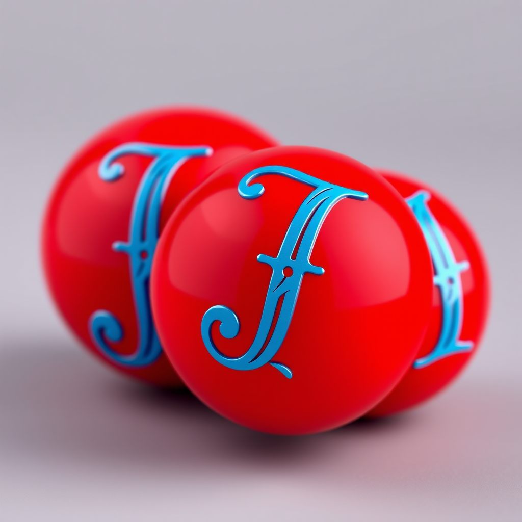 Create a vibrant 3D image of two glossy red spheres featuring ornate blue letters "J" and "I" on the surface, captured with a DSLR camera at f/2.8, ISO 100, 50mm lens, using a shallow depth of field and a slight overhead angle for depth.