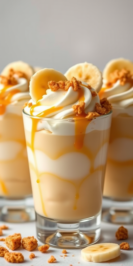 Create an image of three dessert cups layered with banana pudding whipped cream and crushed graham crackers topped with banana slices caramel drizzle and cookie crumbs in a bright setting.