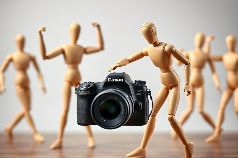 Create a high-resolution image of wooden mannequins in a dynamic pose, using a DSLR camera with a 50mm lens, aperture f/2.8, ISO 100, and a shallow depth of field, positioned at eye level for a clean background.